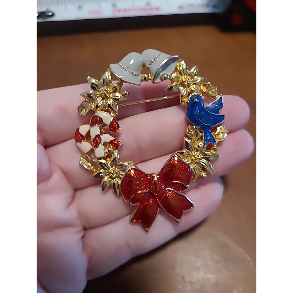 Vintage Christmas Brooch Pin Wreath Red Bow Blue Bird White Bells Candy Canes 2"